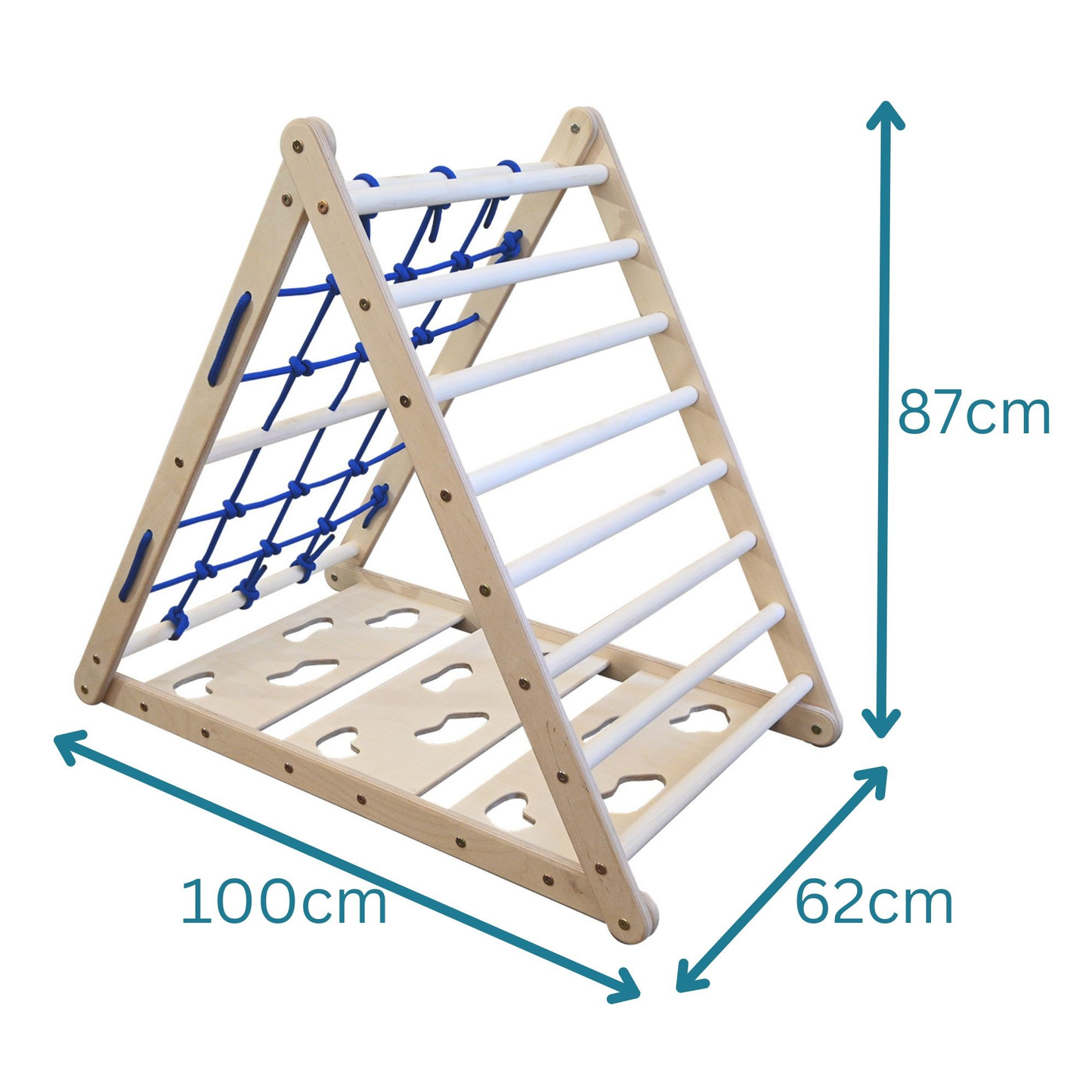Maße Kletterdreieck Klettertiger Tigerfels XL: Variables Pikler-Dreieck mit drei Seiten: Sprossenwand, Kletterwand, Kletternetz